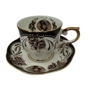 Avon Honor‎ Society 1999 Teacup Saucer Black Gold Floral Victorian Lady Set